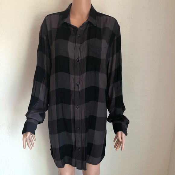 The Rail Black/Gray Plaid Flannel Shirt Dress Women’s Size L Collared Relaxed - Picture 1 of 16